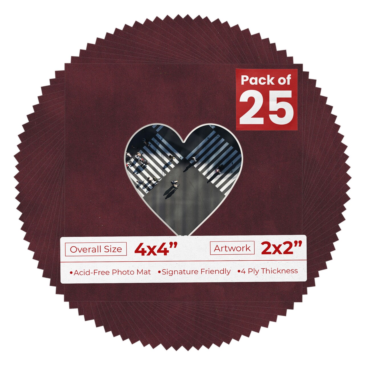 Dark Red Suede Mat Board for 4x4 Inch Frames - Heart Opening for 2x2 Photos